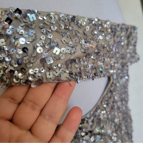 Scala Off the Shoulder Sequin Silver Silk Dress - Picture 11 of 12